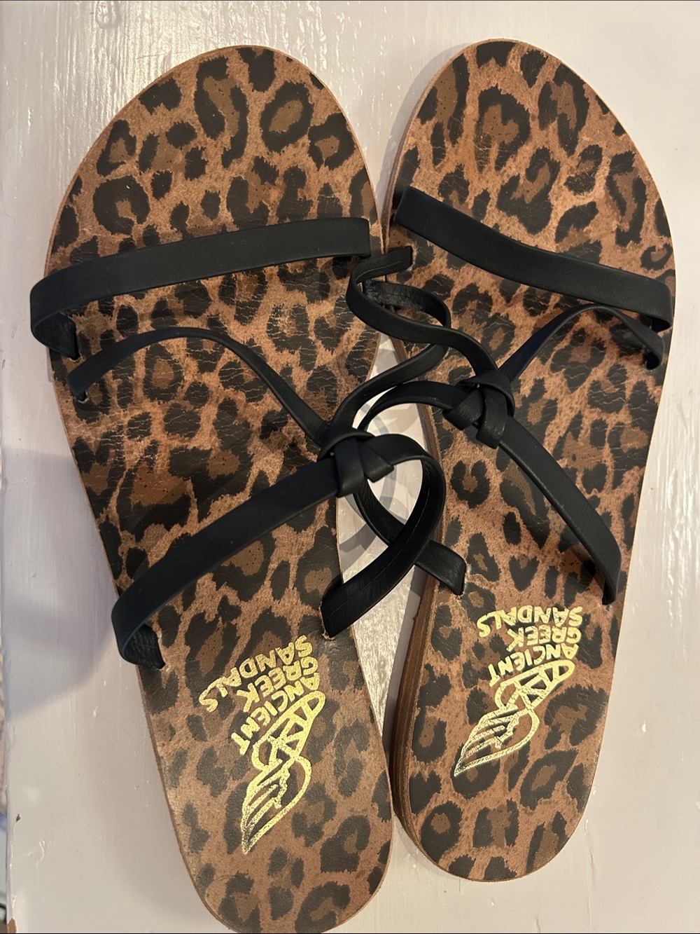Ancient Greek Sandals Leopard-Print Footbed with Black Knotted Leather Straps